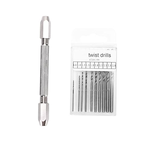 Double Hand Drill Set | Oxidation - Inhibiting Brass Construction & 2 Collet Design | Accurate Drill for Electronics/Jewelry/Model Making | 10 Twist Bits 0.8-3.0mm