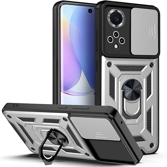 For Huawei Nova 9 Case with Slide Camera Protective Cover & Rotatable Kickstand, Military Grade Shockproof Anti-Scratch Cover for Nova 9 - Silver