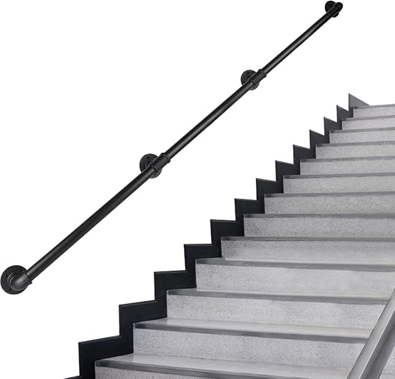 Rectoo Pipe Stair Handrail, 9 Ft Metal Staircase Handrail, Black Galvanized Industrial Iron Hand Rail for Indoor & Outdoor Wall Mount Support, Wall Hand Railing,Safety Handle, Steps Baluster(HR09)