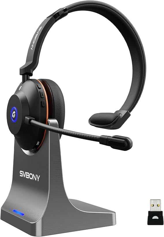 SVBONY SVN H1 Wireless Headset with Mic for Work, Bluetooth Headset with Joystick Mute and ENC Noise Cancelling, USB Dongle, Charging Base for Call Center, Cell Phones, Computer