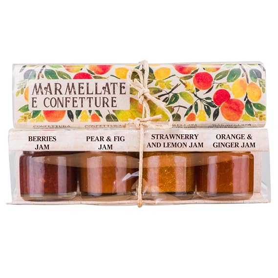 ARTIGIANI DEI SAPORI Mini Marmalade & Jam Sampler Gift Set, 4 x 1.3 oz | Mini Jam Variety Pack of 4 Jars: Mixed Berry, Strawberry Lemon, Orange & Ginger Marmalade, Fig & Pear for Charcuterie Boards