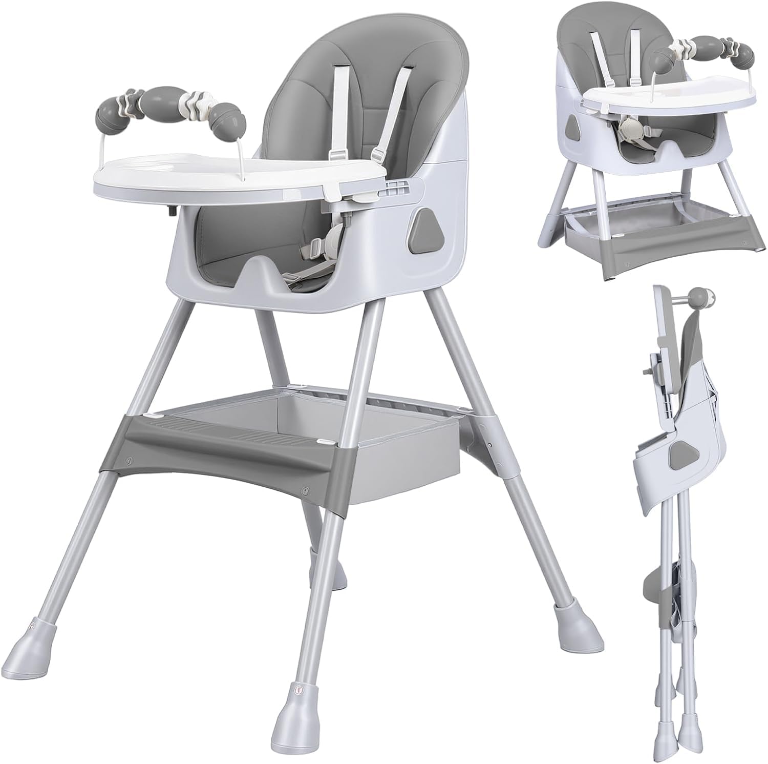 UBRAVOO High Chair, Foldable Portable Dining Feeding Chair, Convertible High Chairs with Double-Layer Dinner Plate and Toy Rack, Aged 6 Months to 3 Years