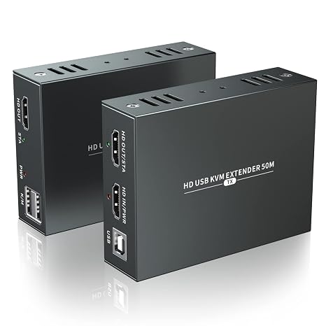 PWAYTEK HDMI KVM USB Extender for Remote Mouse and Keyboard Control of 1080P@60HZ Signals over 50m (164ft) Cat5 Cat6 Cat5e Cat7 Ethernet Cable