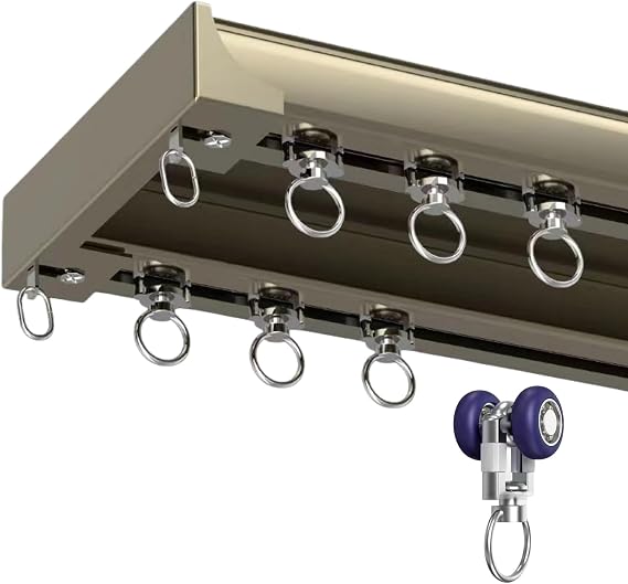 Double Row Curtain Track,Heavy Duty Ceiling Mounted Dual Track System with Silent Glide for Blackout Curtains Room Divider,Easy Install Kit for Living Room Bedroom champagne 2.6m(8.5ft)