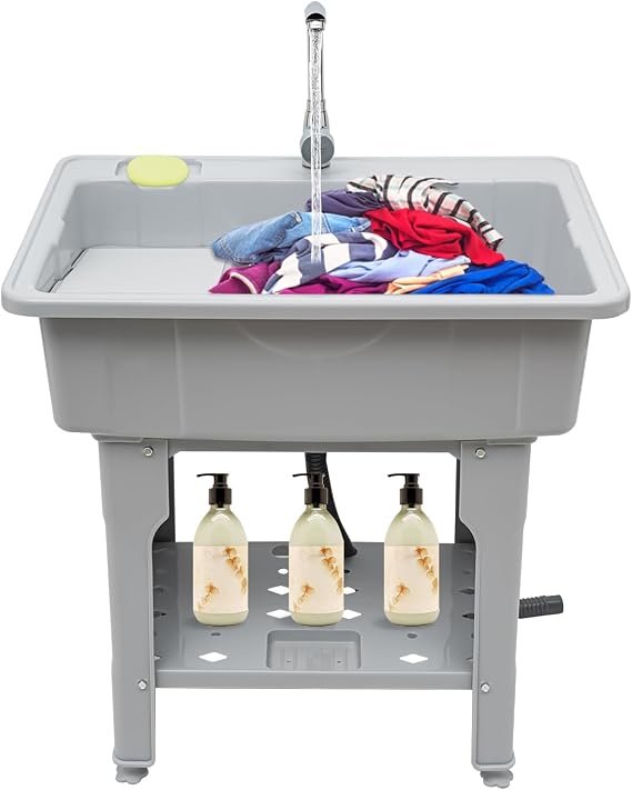 Freestanding Plastic Laundry Sink & Utility Tubs with Storage Shelf, Kitchen Sink with Cold and Hot Water Faucet Kit, Indoor and Outdoor Utility Sink Wash Tub for Laundry Room Bathroom (Grey)