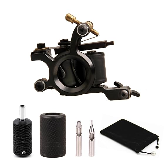 Tattoo Coil Machine 10 Wraps Coils Black Tattoo Machine Selflock Tattoo Grip 25mm Silicone Grips Cover 28mm Tattooing Tips 5F 5R Tattoo Kit for Liner Shader 2 Styles (Shader Kit) for Starter Tattooist