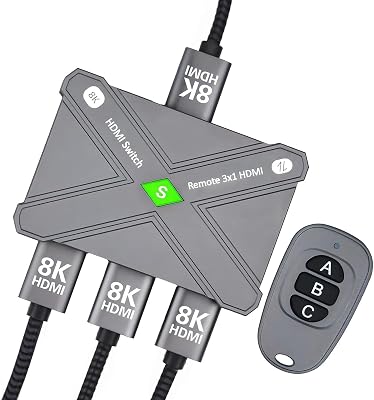HDMI Switch 8K 60Hz, 3 in 1 Out HDMI 2.1 Switcher with Remote, HDMI Selector Supports 4K 120Hz, HDR Dolby 3D Compatible with Gaming Consoles DVD Player Xbox Projector PC Notebook TV Home Theater