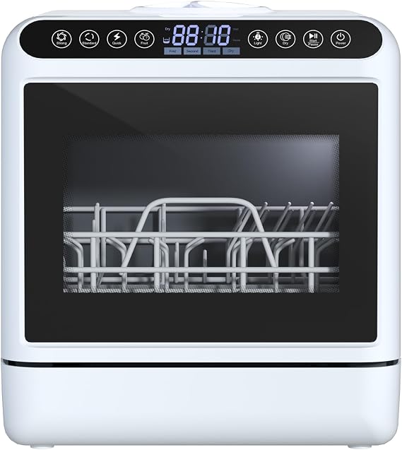 Portable Dishwasher with 5L Water Tank, Mini Dishwasher Countertop, Automatic Smart Countertop Dishwasher with 5 Washing Programs, Air-Dry Function and LED Light, No Hookup Needed, 3-Spray A
