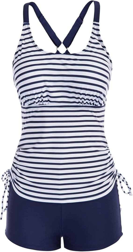JASAMBAC Women's Strappy Tankini Swimsuits Drawstring Bathing Suits Two Piece Floral Print Swimwear with Shorts