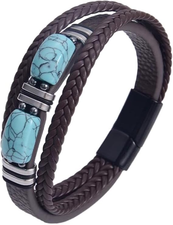Men's Turquoise Leather Bracelet,Brown Handmade Leather Woven Multilayer Wristband Cuff Bangle Bracelet,Mens Classic Hip-hop Punk Jewellery Accessories