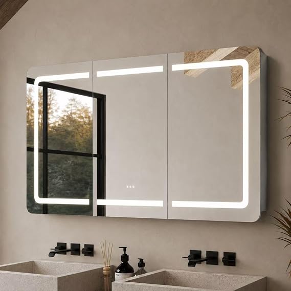 60"x32" LED Bathroom Mirror Cabinet, 3 Doors | Wall Mounted or Recessed, Dimmable Front & Anti-Fog, Adjustable Shelves, Modern Aluminum Storage