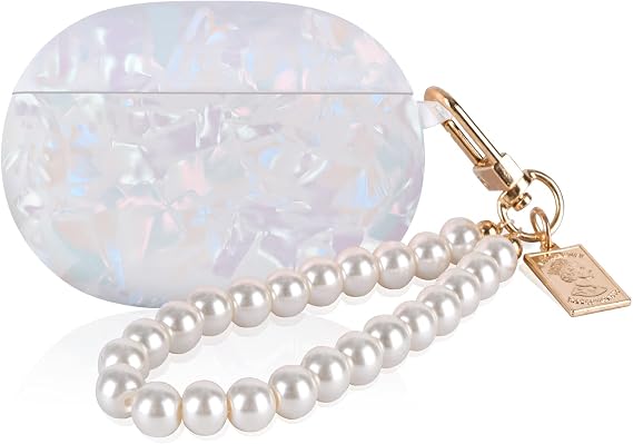 CameCosy Glitter Marble Shell Design for Beats Studio Buds with Pearl Wrist Chain Keychain Sparkle Protective Skin Cover