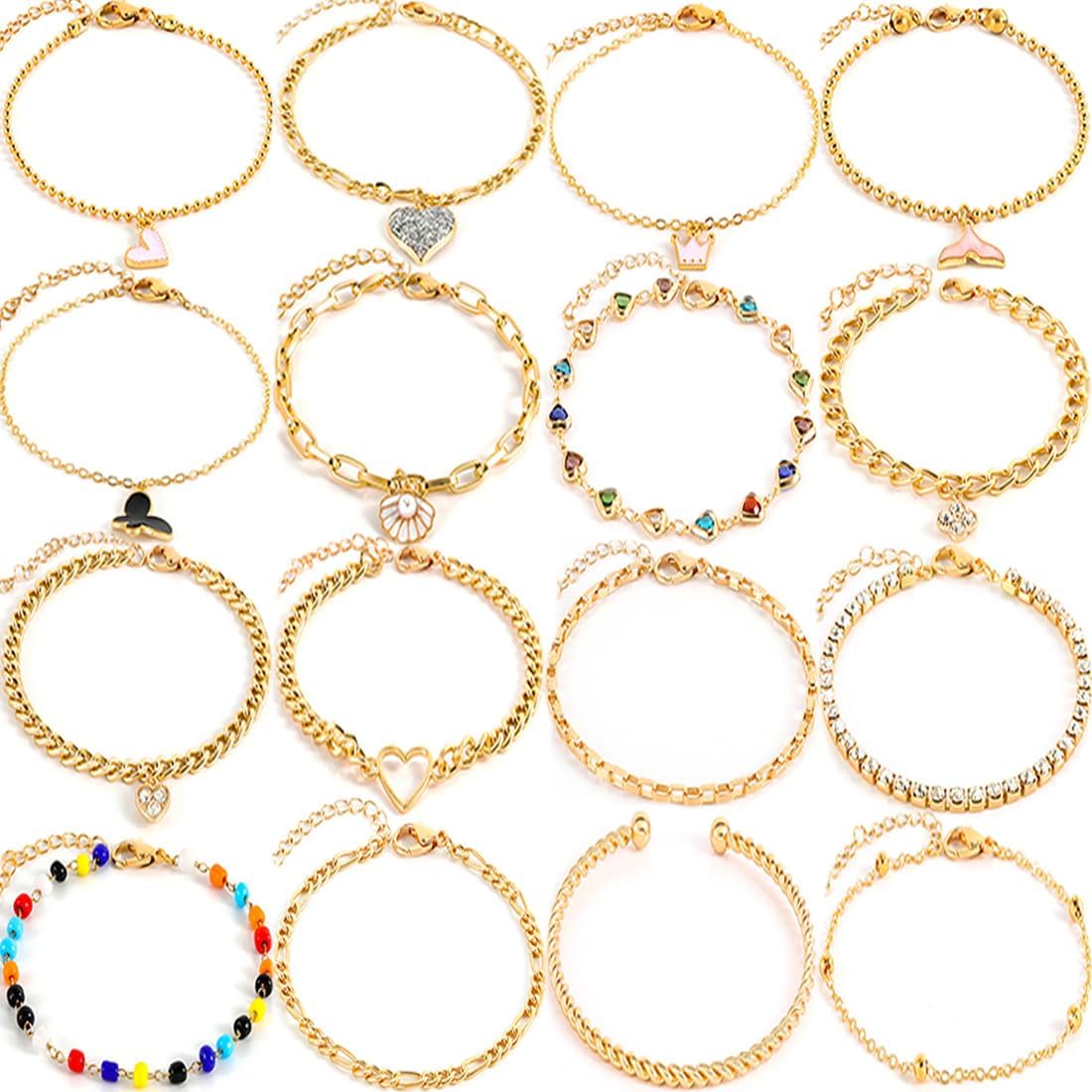 17Pcs Anklet Bracelets for Women Gold Plate Silver Plate Adjustable Size Modern Chain Beach Jewelry Anklet Set