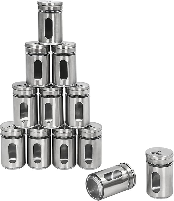 12-Piece Spice Jars Spice Shaker Stainless Steel Glass Seasoning Jars, 3 Adjustable Holes (2mm/4mm/5mm) Visual Window, for Salt Pepper, Kitchen Camping BBQ Storage, Silver