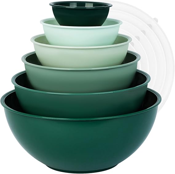 BoxedHome 12-Piece Salad Bowl with Lid Made of BPA-Free Plastic Green Stackable Mixing Bowl Set Reusable Dishwasher Safe Ideal for Camping Picnics Baking and Cooking