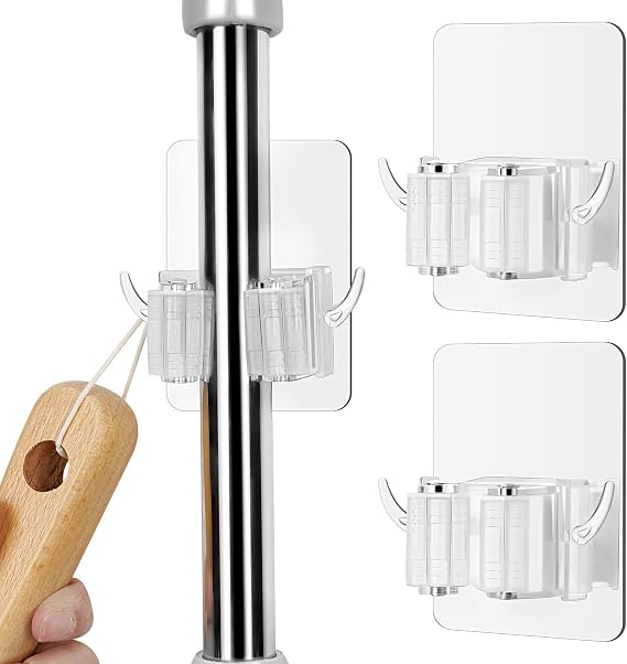 Broom Holder Wall Mount - 2PCS Adhesive Mop and Broom Holder with Hooks Design, Broom Organizer Wall Mount, Broom Hanger and Mop Organizer Wall Hanging (Clear)
