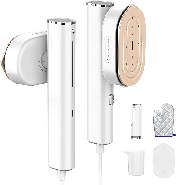 Steamer for Clothes, Portable Handheld Travel Steamer 1200W, White | 2-in-1 Steam Iron & Steamer, 10s Heat-Up, 90 Rotating, Leak Proof, All-Fabric Safe, Detachable Tank, Travel/Home, 110-120V