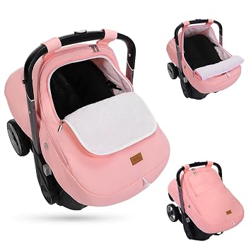 Bioby Winter Baby Car Seat Cover, Infant Car Seat Cover for Boy Girl, Roomy, Cozy, Warm, Waterproof Baby Carseat Covers Canopy with Thickened Fleece Lining, Breathable Hole, Universal Fitted Pink
