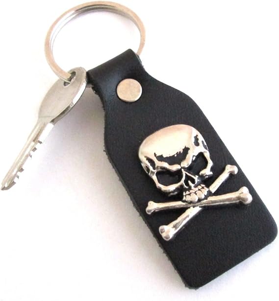 Black Topgrain Leather Key Fob with Skull & Crossbones Ornament