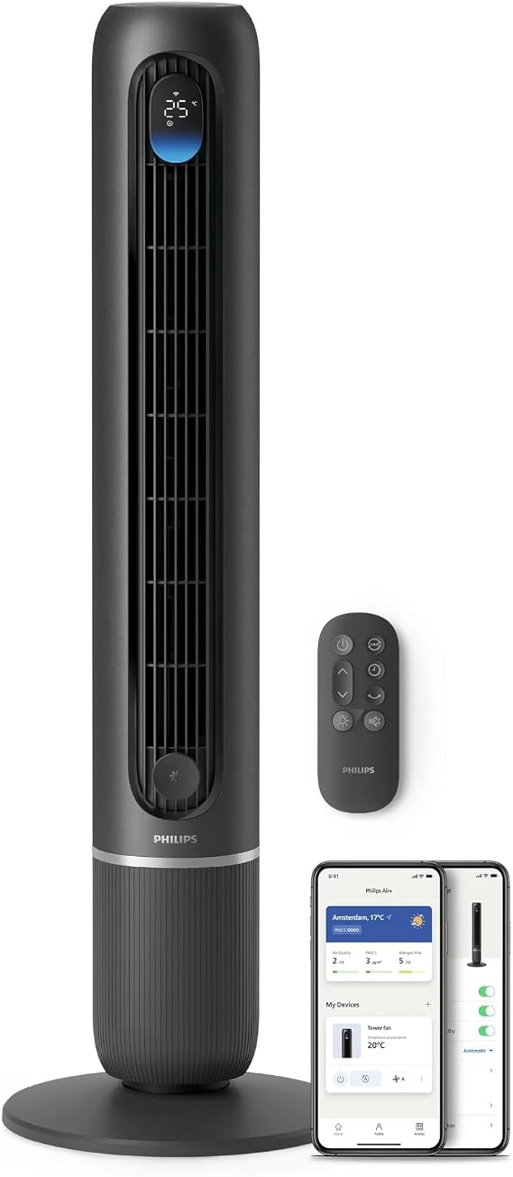 Philips akıllı vantilatör 7000 Serisi, güçlü 8,4 m/s, ultra sessiz 22 dB, enerji tasarruflu, uyku modu, 12 hız kademesi, sıcaklık göstergesi, 12 saat zamanlayıcı, 80° salınım (CX7550/01)