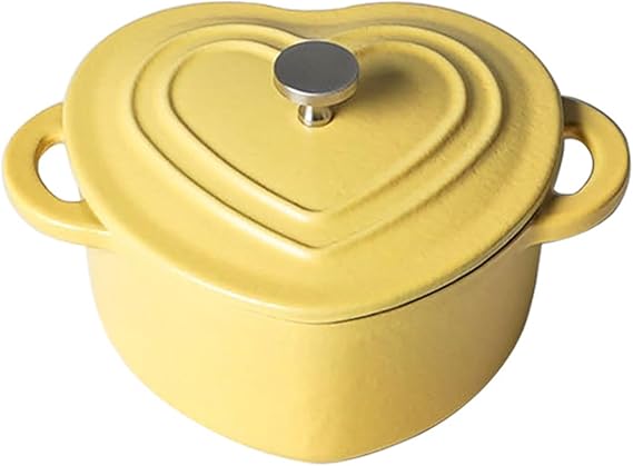 Yellow, Non-Stick Enameled Cast Iron Heart-Shaped Skillet with Lid, Mini Love Pot with Double Handle, Dutch Oven Pot Small, Cast Iron Pot for Cooking, Bread Baking Oven Safe to 500F, 500ml