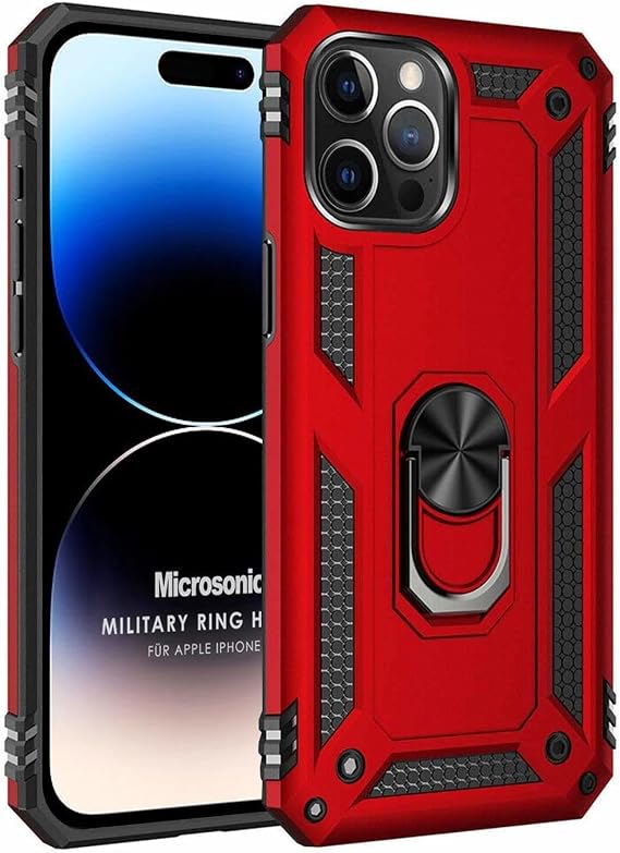Microsonic Kılıf Apple iPhone 15 Pro için Military Ring Holder Kırmızı [iPhone 15 Pro ile Uyumlu Kılıf - Kırmızı]