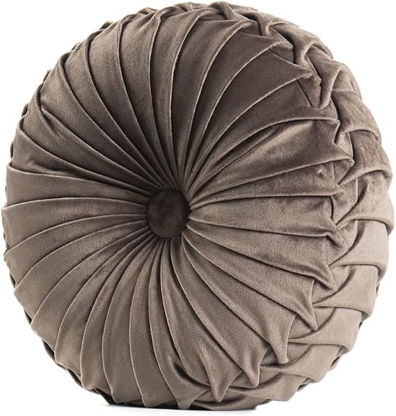 MOJUN Round Throw Pillow Round Velvet Pillow Pleated Round Filled Pillow Home Decorative Throw Pillow Cushion for Couch Chair Bed Car Floor (38cm / 15inch, Coffee)