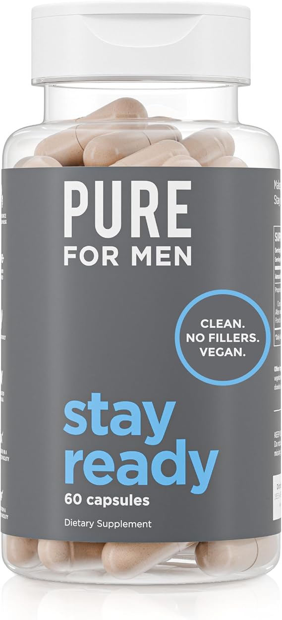 Pure for Men Stay Ready Fiber Supplement Psyllium Husk (60 Vegan Capsules) | Daily Fiber Pills for Men, Psyllium Husk, Aloe Vera, Chia & Flax, Digestive Regularity, Gut Health & Bloating Relief, Vegan