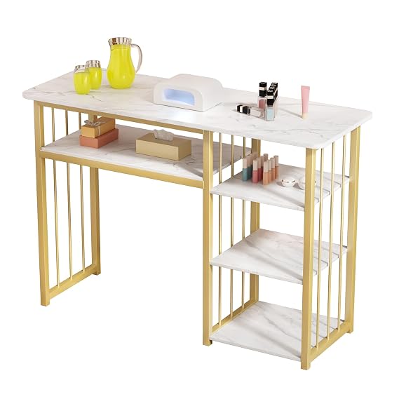 cdar Nail Desk,Nail Table Manicure Table Nails Station Marbling Texture Manicure Desk Makeup Nail Tech Desks with Multi Open Shelves for Beauty Salon Spa White