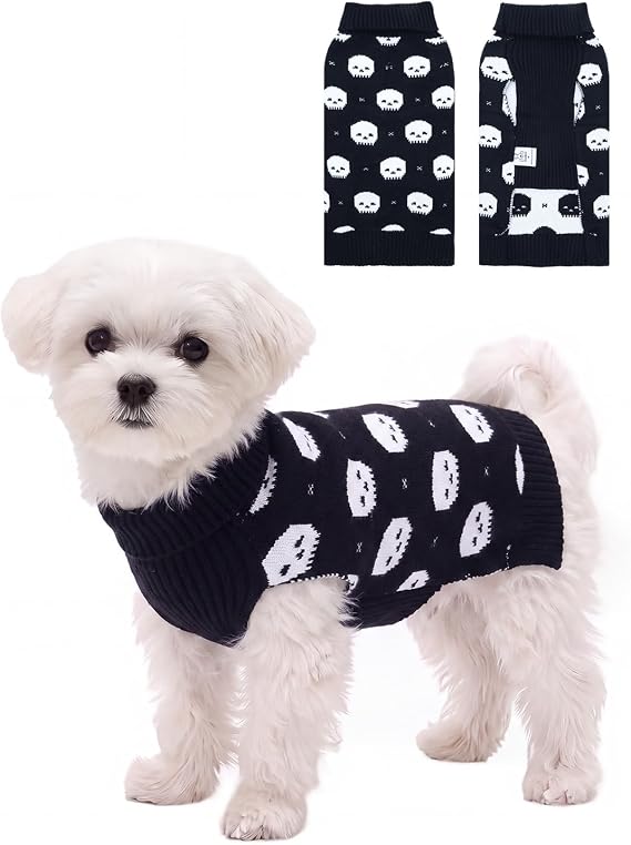 CuteBone Skull Halloween Turtleneck Dog Sweater for Small Dogs