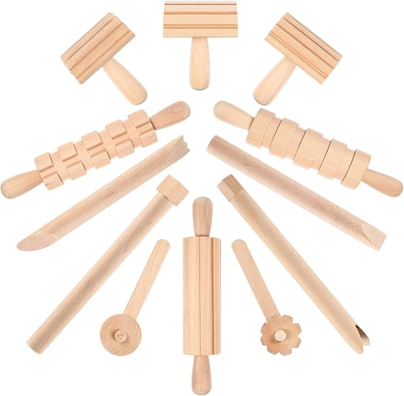 NUOBESTY Wooden Clay Tools Kids Wood Stamps Hand Rollers Plasticine Tools Pottery Molding Clay Accessories for Art DIY Crafts Activities 12pcs