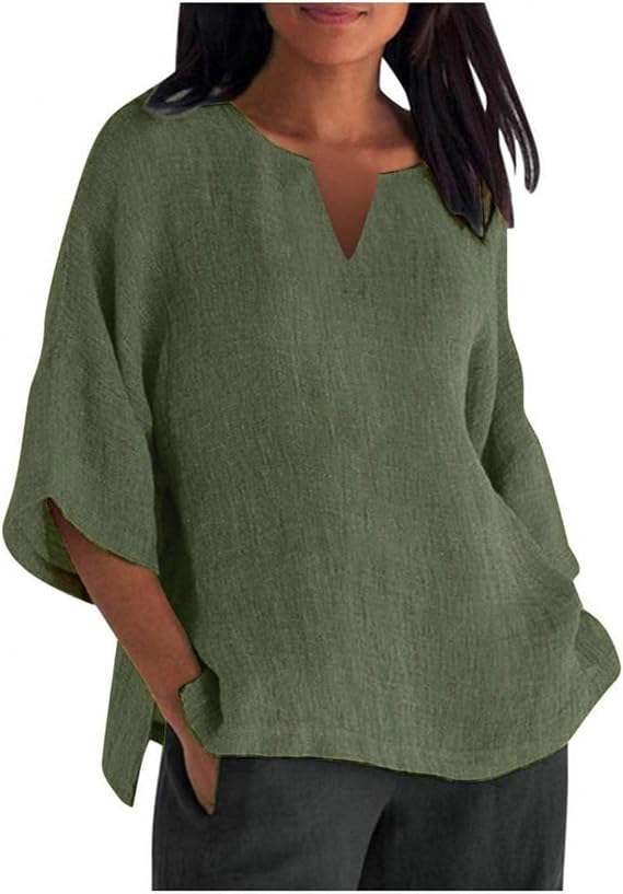 SHAOBGE Tops for Women Casual Summer Trendy Summer Women's 7 Quarter Sleeve V Neck Solid Color Loose Top T Shirt