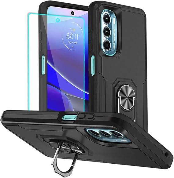 HNHYGETE for Moto G Stylus 5G 2022 Case, with Screen Protector, Shockproof Military-Grade Heavy Duty with Ring Kickstand Phone Case for Motorola Moto G Stylus 5G 2022 (Black)