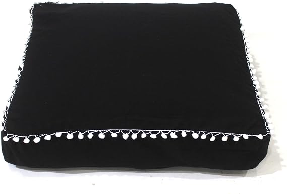 Mandala Floor Pillow Cover Seating Cushion Throw Cover Hippie Decorative Bohemian Ottoman Pouf Cover, Pom Pom Pillow Cases,Boho Indian (Black, 24" Square)