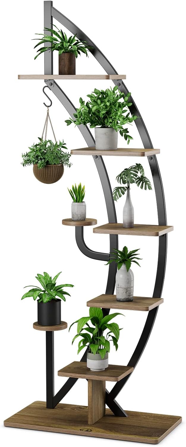 COSTWAY 6-stage metal plant stand in crescent shape flower shelf with 2 small shelves & upper hook ladder plant shelf tipping protection flower pot stand for garden balcony living room brown