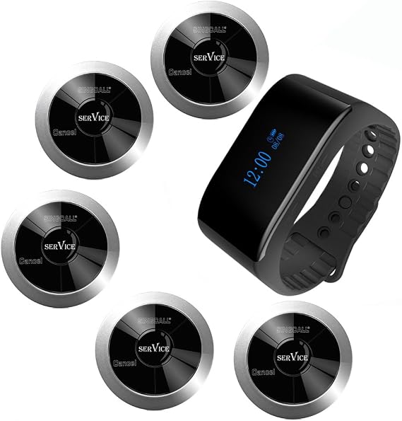 SINGCALL Wireless Restaurant Table Call System, 1 Watch Receiver & 5 Pagers