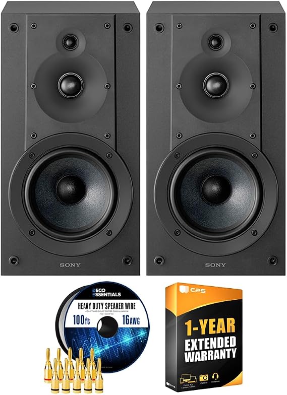 Sony SS-CS5M2 3-Way 3-Driver Hi-res Bookshelf Speakers (Pair) 2025 Bundle with Bundle with 1 YR CPS Enhanced Protection Pack, Deco Essentials 100 ft Speaker Wire Cable and 5 Pairs of Banana Plugs