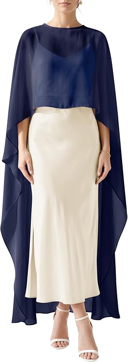 Womens Long Cape Shawls Flowy Bridal Cover Up Sheer Poncho Tops | Lightweight Chiffon Cape Poncho with Back Pearl Button, Long Shawls Wrap for Evening Dresses, Weddings, Party & Bridal Events