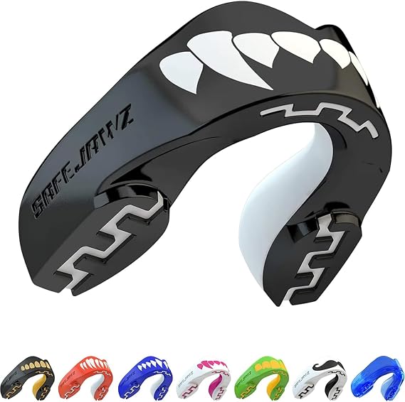 SAFEJAWZ Mouth Guard, Dual Layer Mouthguard for Youth with Case, Easy Fit Remoldable Mouthpiece for Football, Boxing, Lacrosse, MMA, Basketball & All Contact Sports (Kids <11 Years, Black Fangz)