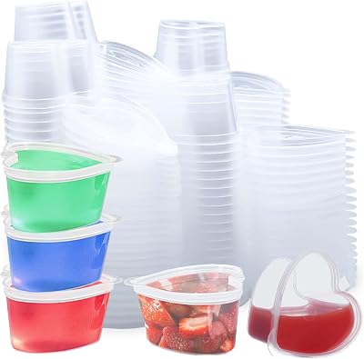 50 Sets 23 oz Heart Shaped Jello Shot Cups with Lids, Small Condiment Containers, Disposable Portion Cups, Plastic Souffle Cup, Mini Sample Tasting Cups, Dipping Sauce Cup To Go Bowls, Clear