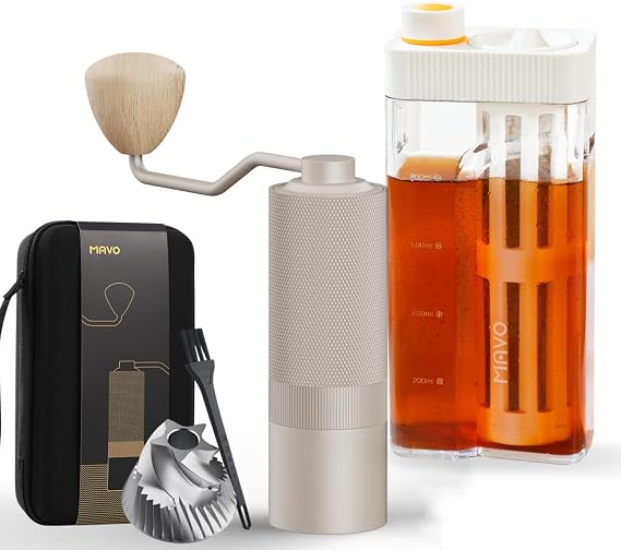MAVO Manual Coffee Grinder & Cold Brew Coffee Maker, Capacity 25g with CNC Stainless Steel Pentagon Conical Burr, 27oz Iced Coffee Maker and Tea Brewer