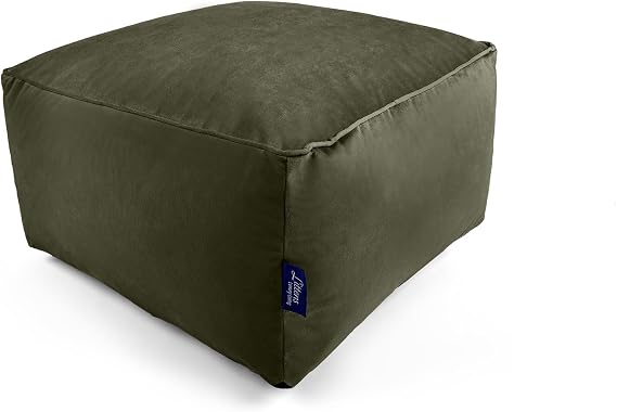 Littens Olive Green Square Footstool Bean Bag, Soft Luxury Velvet, Ottoman Pouffe, Living Room Decorative Low Seat, Piped Detailing (45cm x 45cm x 25cm)