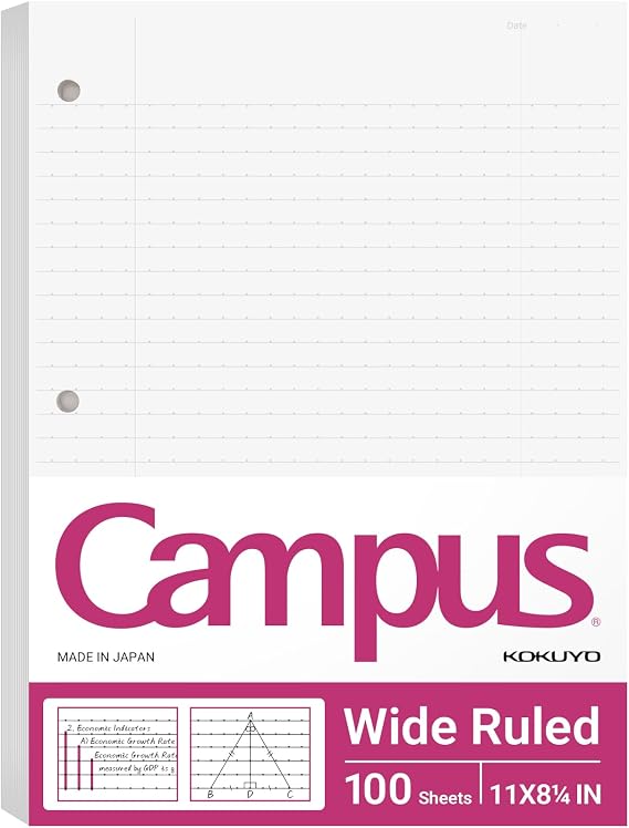 Kokuyo 3 Hole Loose Leaf Paper, 8-1/4"x11 Wide Ruled, 100 Sheets, 1 Pack