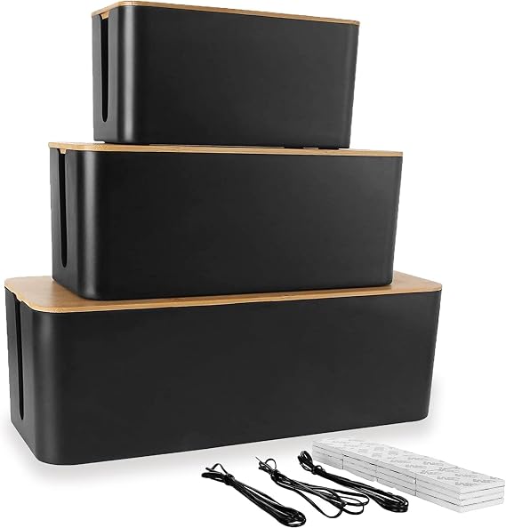 ASelected Set of 3 Cable Box Black Large Cable Organiser Box with Wooden Lid for Cables Large and Small Cable Management Box Adapter Power Strips Cable Hide Box