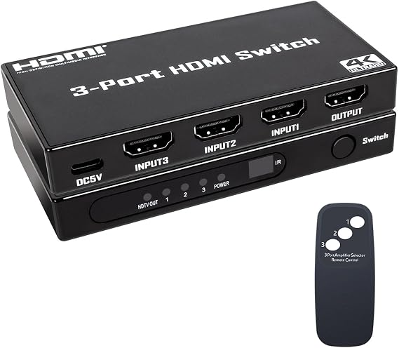 HDMI Switch 3 in 1 Out: 4K@30Hz Ultra HD HDMI Selector with Remote Control, High-Speed 10.2Gbps Transmission, Compatible with PS5, Xbox, Blu-ray, PC, and TV Plug and Play
