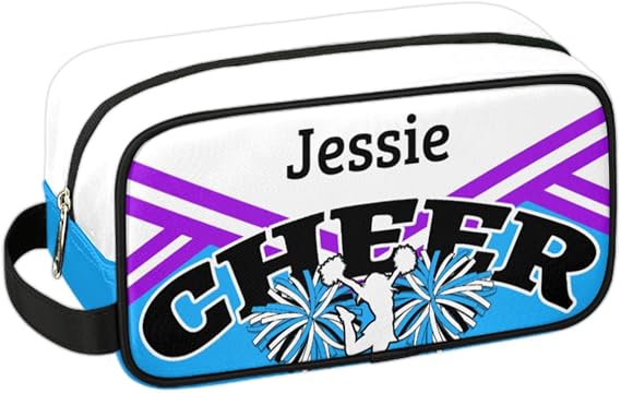 Custom Cheerleader Travel Toiletry Bag with Name, Personalized Cheer Cosmetic Bag Makeup Organizer Case, Customized Makeup Bag for Cheerleader Team, White Blue