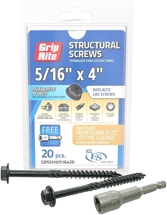 Grip-Rite Structural Screws for Exterior Structural Applications - with PrimeGuard Plus Coating - Coarse Thread Wood Screws - Hex Washer Head - 5/16" x 4" - 20 Count - GRSSHW516420