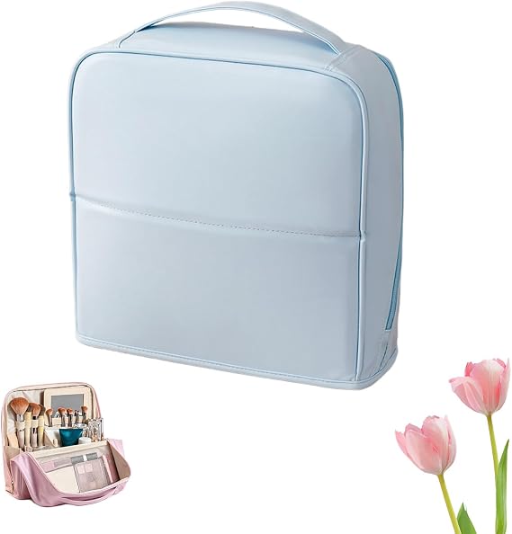 Stylish Handheld Partitioned Cosmetic Bag, Large Capacity Partitioned Cosmetic Organizer, Portable & Waterproof PU Leather Travel Makeup Organizer for Desktop Storage Travel Use (Blue)