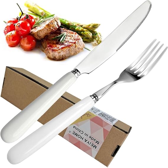 Steak Dining Knife White Ceramic Handle,S42000 Stainless Steel Blade Table Knives Hotel Tableware 9Inch Mirror Polish Finish (1PCS Dining Fork + 1PCS Dining Knife)