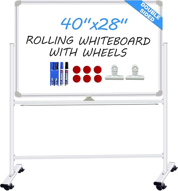 Dry Erase Board with Stand 40"x28" Double-Sided Magnetic Mobile whiteboard | Rolling White Board on Wheels for Home Classroom Office School, Whiteboard Easel for Meeting, Training